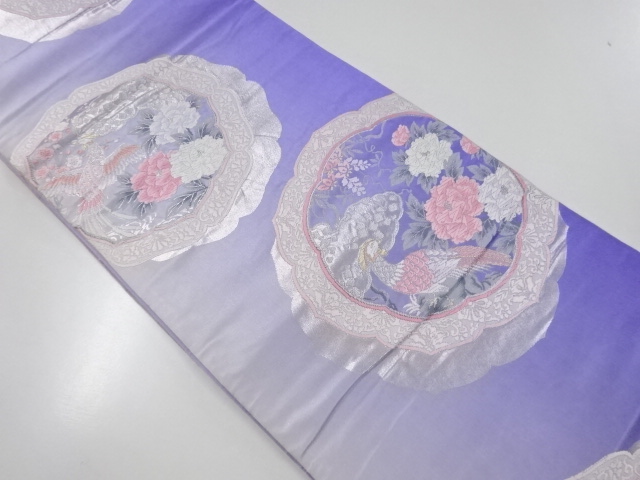 アンティーク　絵皿に花鳥模様織出袋帯(材料)